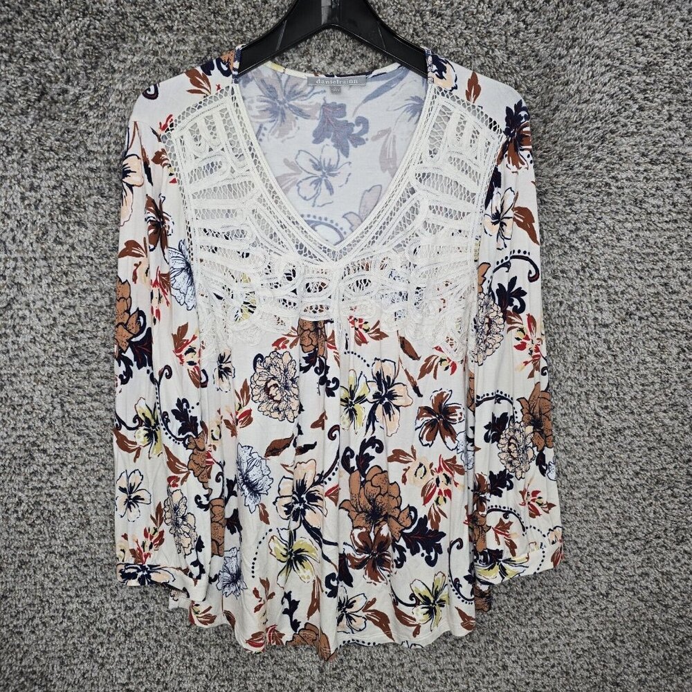 Daniel Rainn Top Womens Large Beige Floral Print Boho Long Sleeve Tee Casual